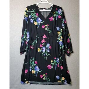 Old Navy Black Floral LS V Neck Elastic Empire Waist Mini Dress Women's Plus XXL